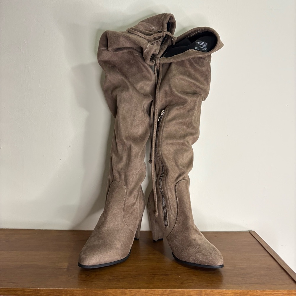 Women's Thigh High Chunky Over the Knee Drawstring Tie Back Heel Boots-Size 8.5